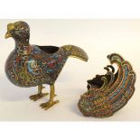 A cloisonne model of a duck together with a boat shaped model of a fish, the duck 20cms high