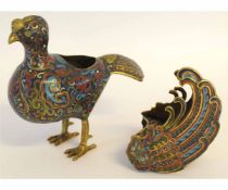 A cloisonne model of a duck together with a boat shaped model of a fish, the duck 20cms high