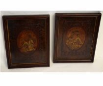 Pair of walnut and mahogany framed panels with chinoiserie painted detail of a figure in a