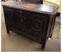 18th century oak coffer with three carved panels to the front, fitted with carved full width