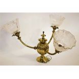 Early 20th century brass electrolier with three branches with three ribbed glass shades, approx