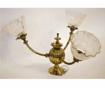 Early 20th century brass electrolier with three branches with three ribbed glass shades, approx