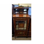 Edwardian rosewood and ivory inlaid music cabinet, the top fitted with open shelf with two insert