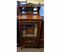 Edwardian rosewood and ivory inlaid music cabinet, the top fitted with open shelf with two insert