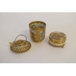 Kutani vase with landscape scenes together with a Satsuma miniature kettle and box with cover, the
