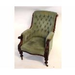 William IV mahogany framed armchair with green Dralon upholstery and button back with carved