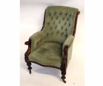 William IV mahogany framed armchair with green Dralon upholstery and button back with carved