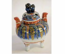 Japanese koro and cover with polychrome decoration and dog of Fo finial, 20cm high