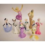 Collection of 8 figurines of ladies in various poses including Worcester model "Dancing Waves" by