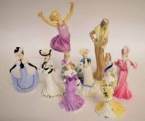 Collection of 8 figurines of ladies in various poses including Worcester model "Dancing Waves" by