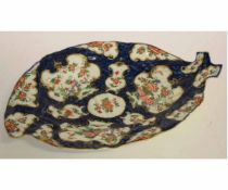 Worcester porcelain leaf dish, the scaled blue ground with panels of flowers, blue seal to base (