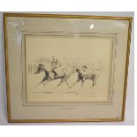 In the manner of Sir Alfred Munnings, pencil drawing, Racing scene, 33 x 40cms