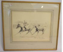In the manner of Sir Alfred Munnings, pencil drawing, Racing scene, 33 x 40cms