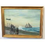 T M Wells, signed oil on canvas, Fishing boats in a swell with hands on deck, 44 x 59cms