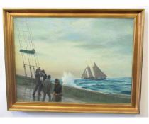 T M Wells, signed oil on canvas, Fishing boats in a swell with hands on deck, 44 x 59cms