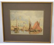 19th century English School, watercolour, Fishing boats before buildings, possibly Yarmouth, 20 x