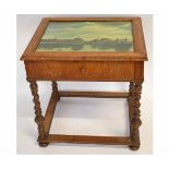 Mid-20th century oak framed single drawer side table with inset print to top, on four barley twist