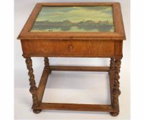 Mid-20th century oak framed single drawer side table with inset print to top, on four barley twist