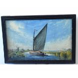 R J Sandell, signed watercolour, Broads scene with Wherry passing a Mill, 20 x 30cms