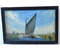 R J Sandell, signed watercolour, Broads scene with Wherry passing a Mill, 20 x 30cms
