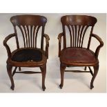 Pair of 19th century office armchairs with splayed splat back, with leather upholstered seat and