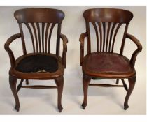 Pair of 19th century office armchairs with splayed splat back, with leather upholstered seat and