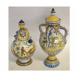 Two late 19th/20th century Italian or Portuguese Majolica vases and covers, decorated with hunting