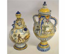 Two late 19th/20th century Italian or Portuguese Majolica vases and covers, decorated with hunting