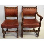Set of six 20th century oak dining chairs with leather upholstered seat and back with button