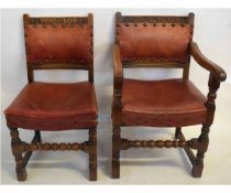 Set of six 20th century oak dining chairs with leather upholstered seat and back with button