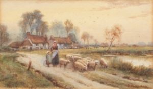 Charles Edward Wilson, watercolour, signed lower right, Mother and daughter with sheep in a