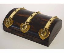 Box with banded decoration in brass and bone, the interior containing two sets of cards, 20cms long