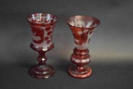 Two Bohemian style glass goblets, engraved decoration of deer in landscape, largest 20cms