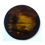 Unsigned, oil on panel, Continental landscape with figure and cattle, 56cms diameter, unframed