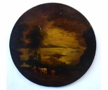 Unsigned, oil on panel, Continental landscape with figure and cattle, 56cms diameter, unframed