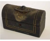 Late 19th century velvet lined casket with three small glass inkwells or decanters to interior,