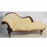 19th century style walnut framed chaise longue with cream upholstered seat and button back with