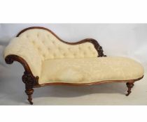 19th century style walnut framed chaise longue with cream upholstered seat and button back with