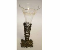 Glass vase encased in ornate brass holder, 28cms high