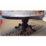 Good quality reproduction mahogany oval loo table with heavily carved floral and ribboned column