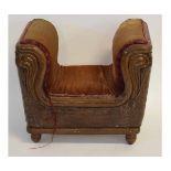 Good quality mahogany upholstered stool or seat raised on bun feet, 53cms wide x 44cms tall