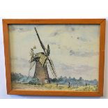 R J Sandell, signed watercolour, Norfolk Landscape with Mill, 23 x 30cms