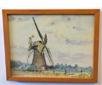 R J Sandell, signed watercolour, Norfolk Landscape with Mill, 23 x 30cms