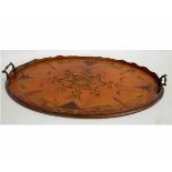 Sheraton satinwood oval tea tray with decorative stained foliage inlay to top with gallery