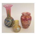 Group of three glass vases, with pink ground and overlay decoration in green and pink, one vase