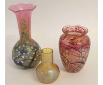 Group of three glass vases, with pink ground and overlay decoration in green and pink, one vase