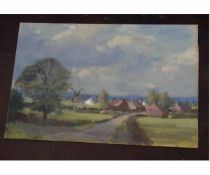 Owen Waters, indistinctly signed oil on board, "Marsh cottages", 20 x 30cms, unframed