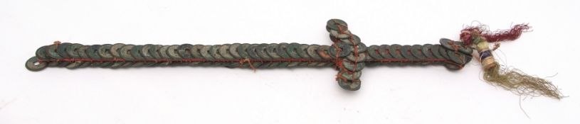 Chinese coin sword of typical form with remains of original tassels, 49cms