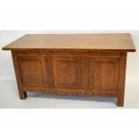 Early 20th century oak framed small proportioned coffer with three panelled front with inscription