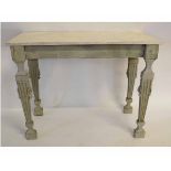 Decorative painted modern console table with marble effect top, square fluted legs with carved